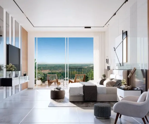 Elegant living room with blue ottoman