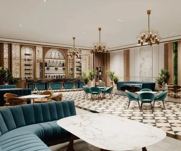 Elegant living room with blue ottoman