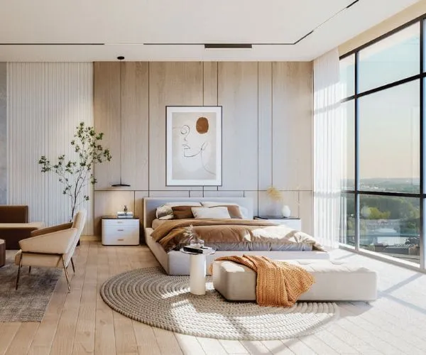 Elegant living room with blue ottoman